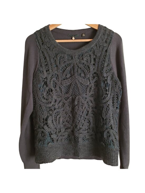 Anthropologie Sweaters - Anthropologie Crochet Wool Sweater M Dark Blue w Intricate Lace Front Pullover